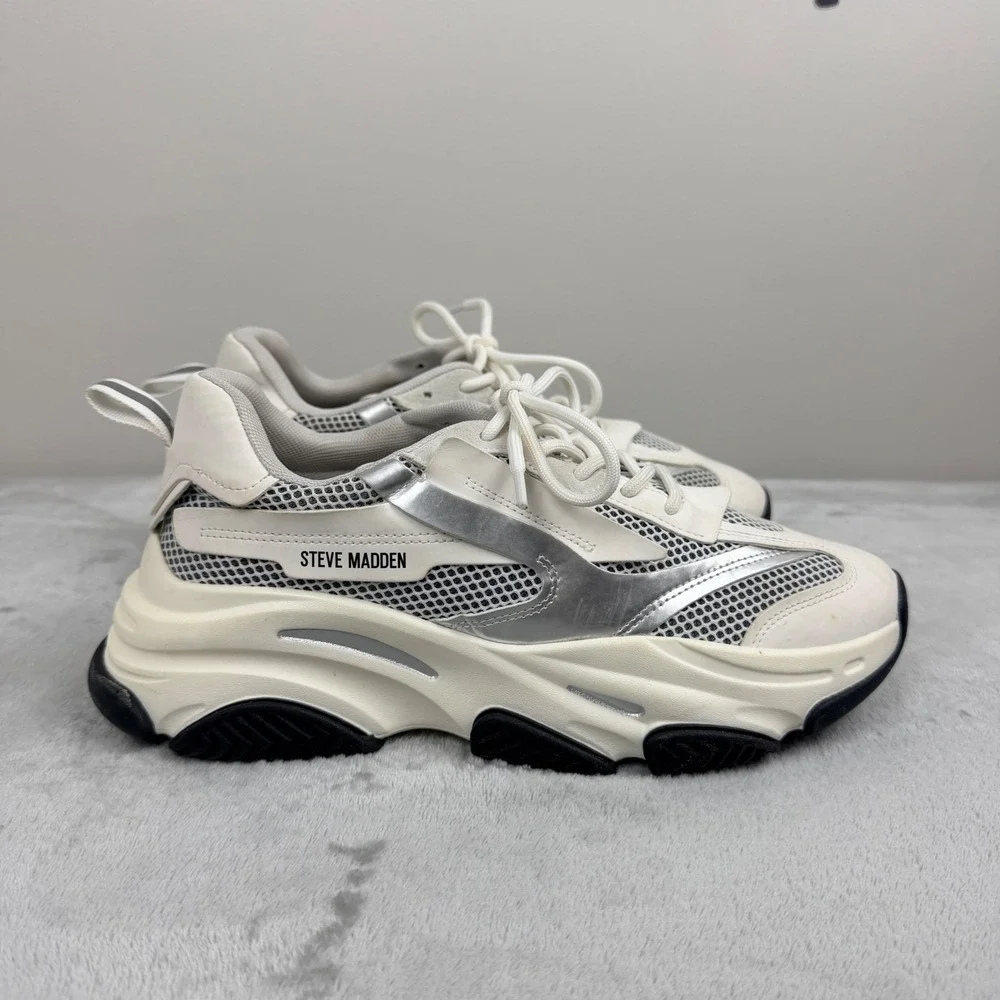 Steve Madden Possession Sneakers Men's 11 Cream Silver Chunky Dad Shoes POSS03S1